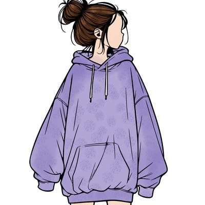 realistic girl with a oversized sweatshirt on and a bun