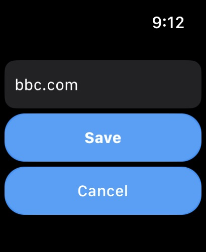 LAZER Browser - Interface for saving a website URL in LAZER Browser on Apple Watch.