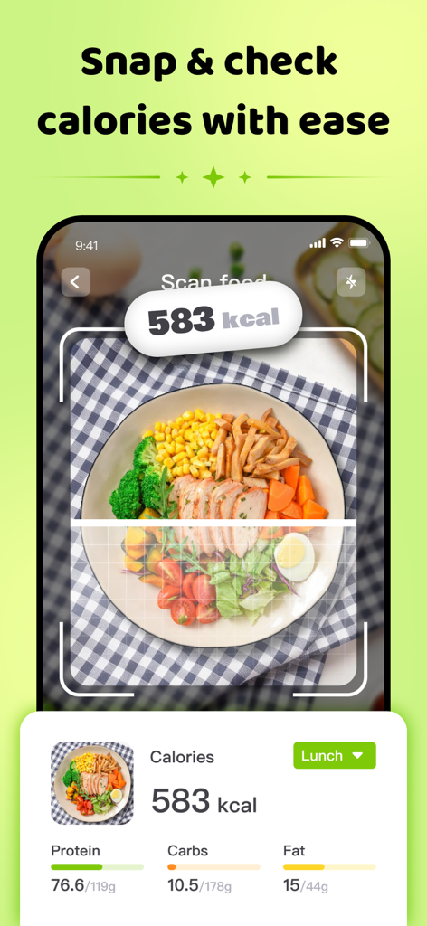 칼로리 및 다량 영양소 데이터를 표시하기 위해 건강한 식사를 스캔하는 사진 칼로리 인식 기능을 보여주는 아이폰 화면