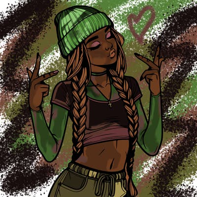 realistic teenage girl with braids and a beanie and crop top doing 🫶🏼