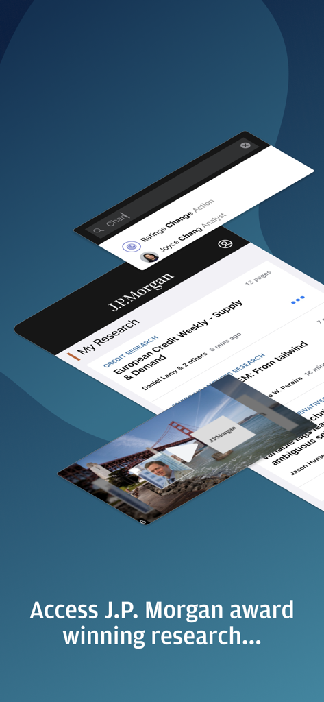 Interface of the JP Morgan Markets app displaying financial research articles and video content from expert analysts