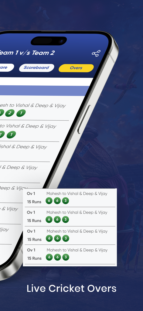 Mobile screen of Cric11 app showing detailed live cricket over by over scoring and ball history