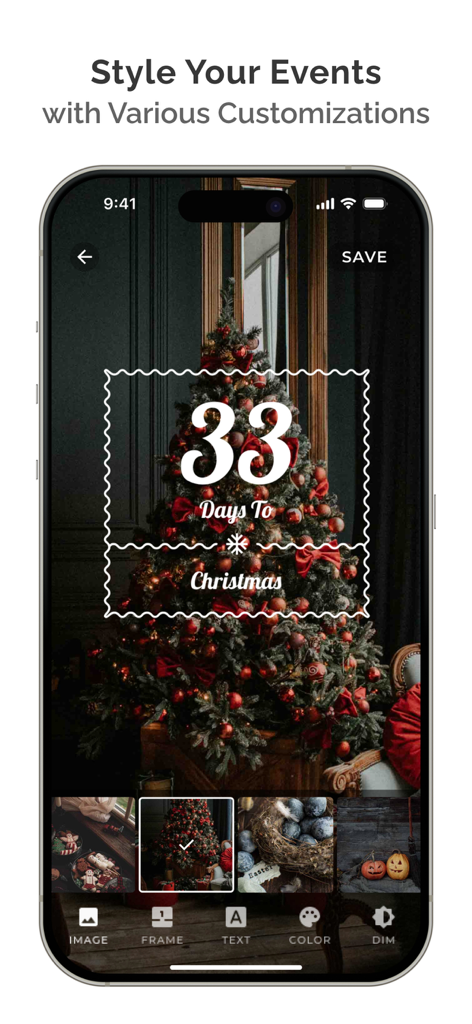 Una pantalla de la aplicación Days To que muestra opciones de personalización para una cuenta atrás de Navidad con un fondo festivo y un estilo elegante.