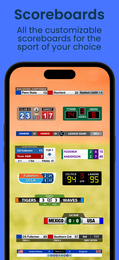 Una varietà di tabelloni sportivi personalizzabili disponibili nell'app ScoreCam