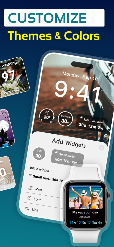 Countdown Widget Maker - Personalización de widgets de cuenta regresiva con temas y colores en la pantalla de bloqueo del iPhone y el Apple Watch.