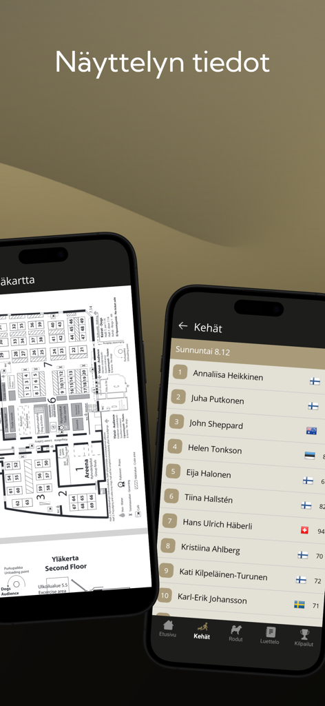 Showlink - Two smartphone screens displaying a dog show venue floor plan and a list of judges organized by ring number