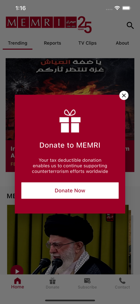 MEMRI iPhone Edition - Captura de tela do aplicativo MEMRI iPhone Edition mostrando um pop-up de solicitação de doação para apoiar esforços de contraterrorismo.