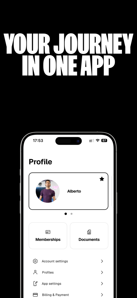 MAAT app user profile screen showing membership options and account settings under the slogan Your Journey in One App