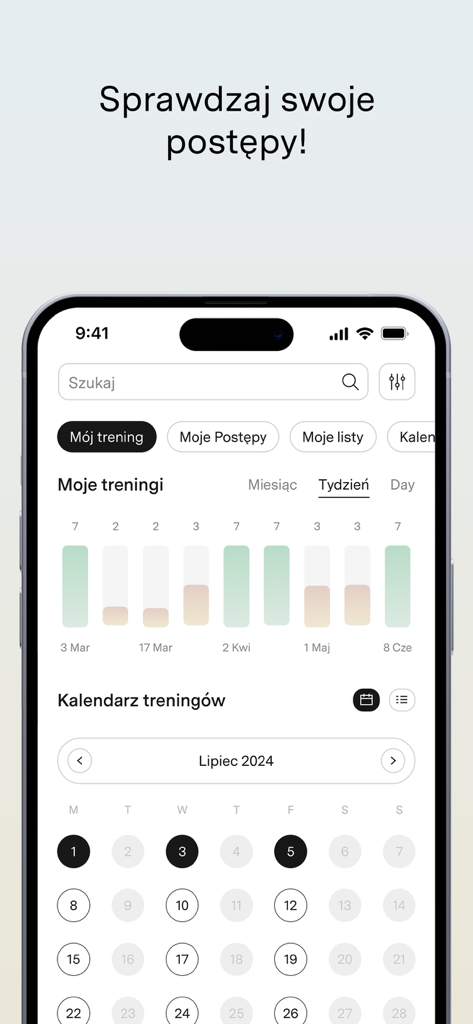 BeActiveTV mobile app interface showing fitness progress charts and a workout calendar in Polish
