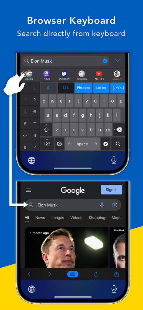 Bear - AI Keyboard - Bear AI Keyboard with integrated web browser showing Google search results directly on the keyboard interface