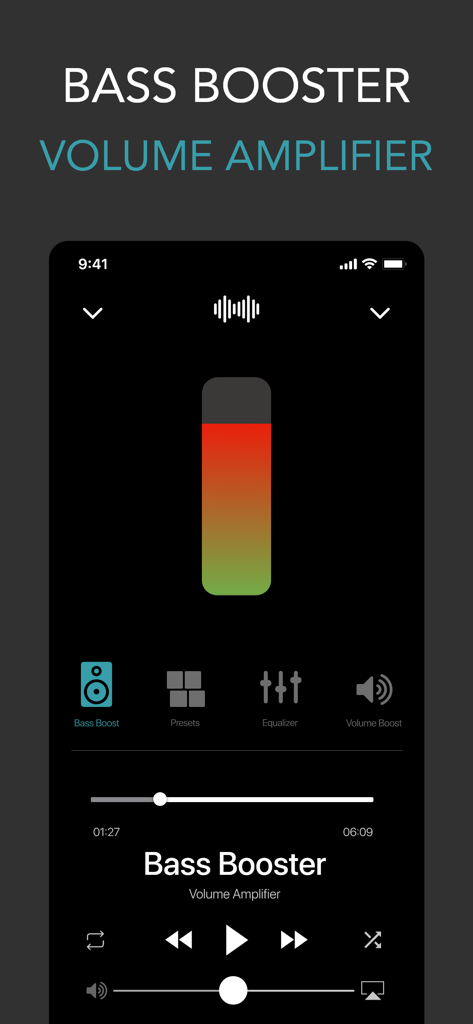 Bass Booster app interface featuring a volume amplifier slider and music player controls