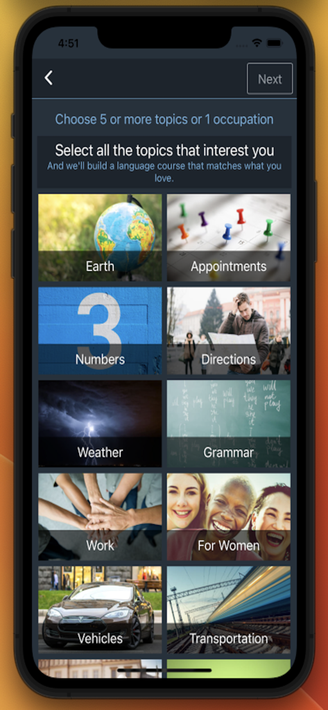 Bluebird: Learn Estonian - Interfaccia di selezione degli argomenti per lezioni personalizzate di lingua estone