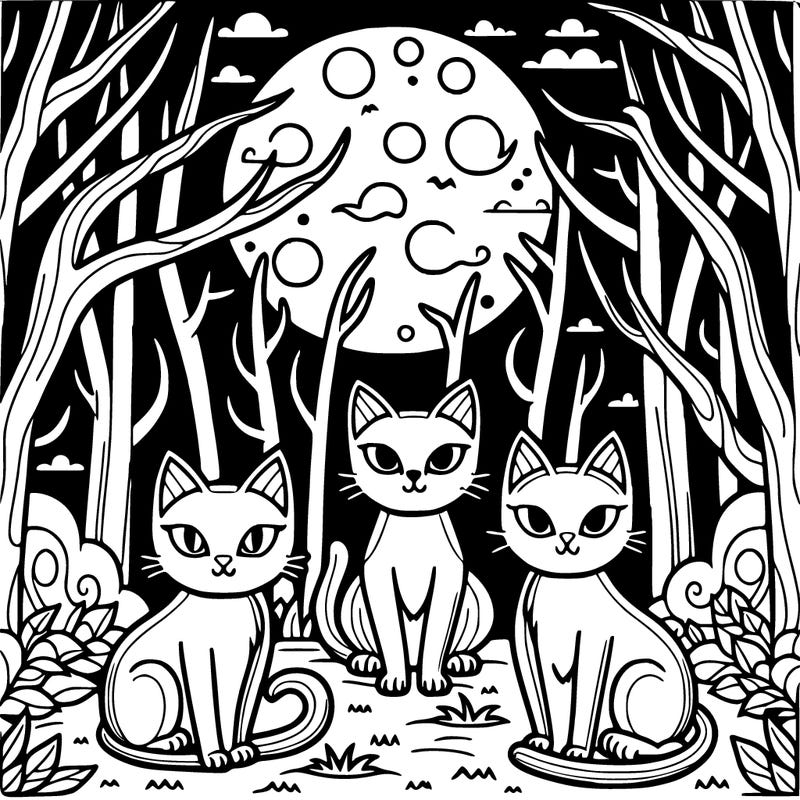 ominous cats in the forest with a full moon