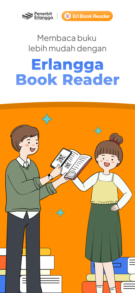 Erlangga QR Book Reader - Illustration of students using the Erlangga QR Book Reader app to scan a QR code in a textbook