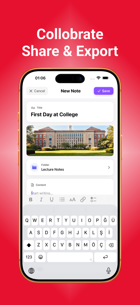 Nemo: AI Note Taker - Nemo AI Note Taker app interface showing a lecture note titled First Day at College with sharing and export options.