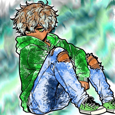 a male hoddie ripped jeans messy hair anime