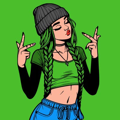 realistic teenage girl with braids and a beanie and crop top doing 🫶🏼
