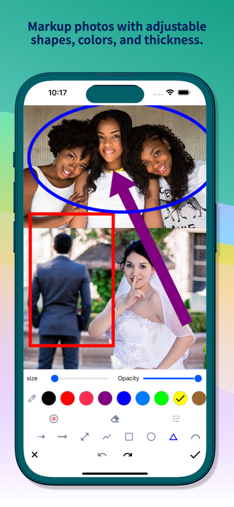 Snap Markup app showing photo annotation with adjustable shapes colors and arrows