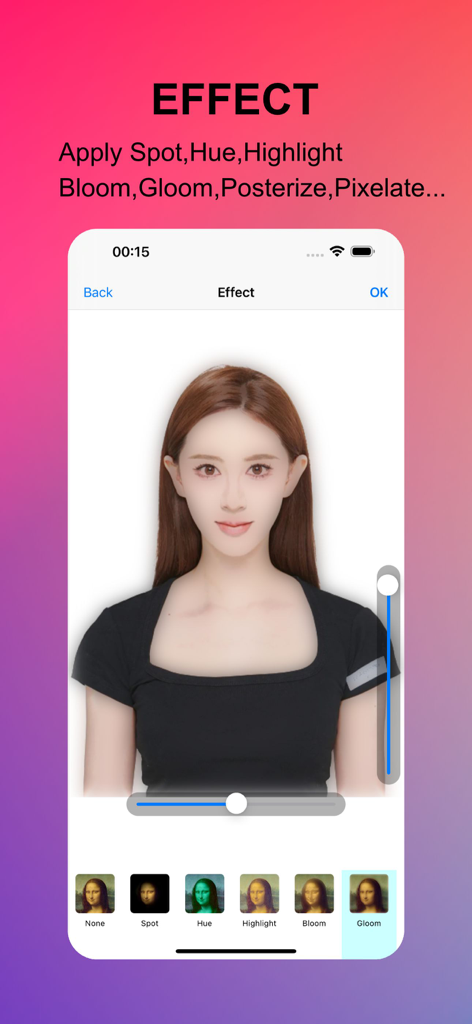 Editor Lab app interface showing various photo filters like Gloom and Bloom applied to a portrait