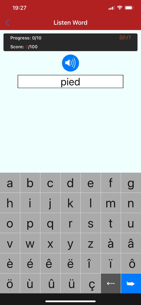 French Sound and Alphabet Easy - Schnittstelle einer Französisch-Sprach-App, die eine Hör- und Buchstabierübung für das Wort pied mit einer spezialisierten Tastatur zeigt