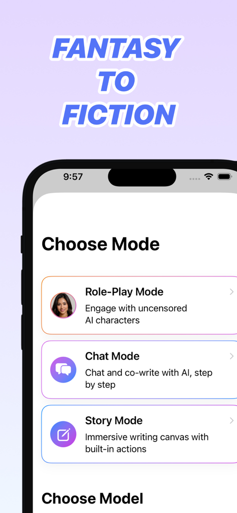 Uncensored AI - InkPal - InkPal app screenshot showing selection menu for Role Play Chat and Story modes