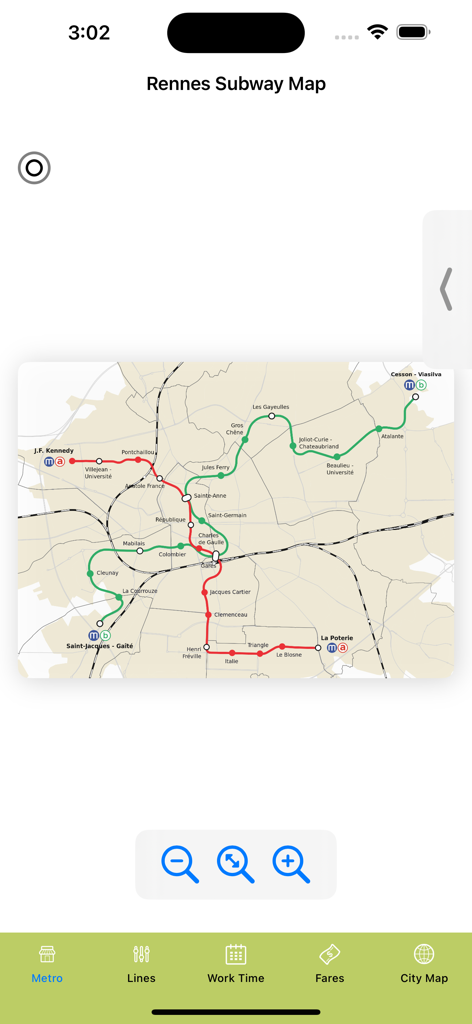 Rennes Subway Map - Carte du métro de Rennes montrant les lignes de métro rouge et verte avec les noms des stations sur une disposition de carte de la ville