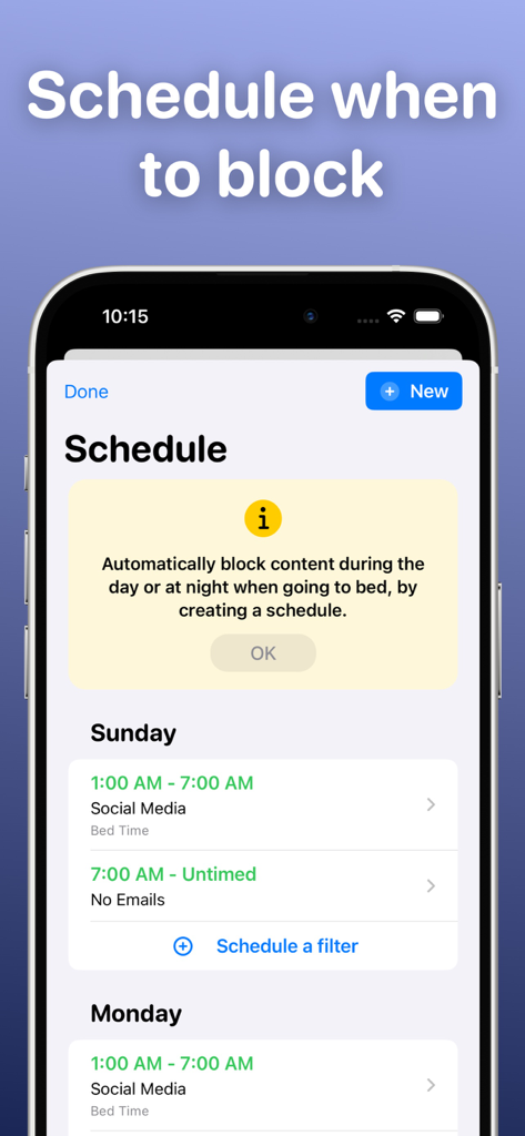 Ochi: Block Websites & Apps - Ochi app interface showing scheduled filters to block social media and apps at specific times.