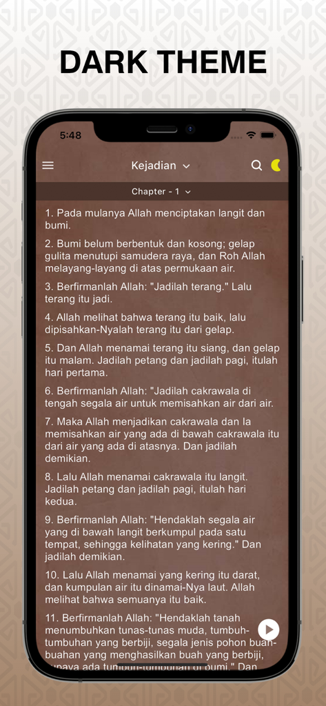 Alkitab Terjemahan Baru Pro app displayed in dark theme mode.