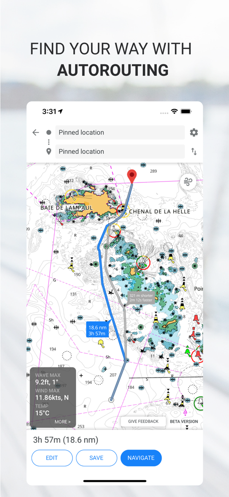 C-MAP: Boating - C-MAP app interface showing a nautical chart with an autorouting path, marine weather data, and estimated travel time for boaters.