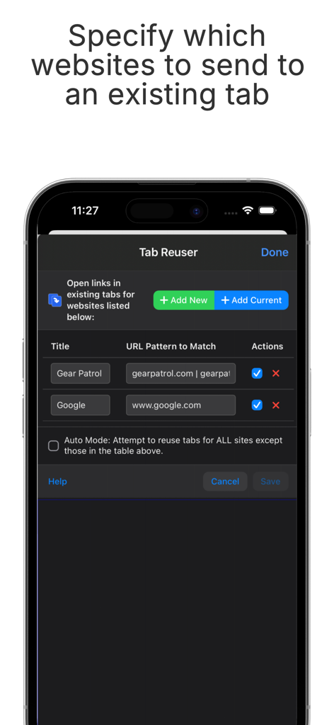 Tab Reuser - Tab Reuser mobile app screen for specifying website rules to reuse tabs