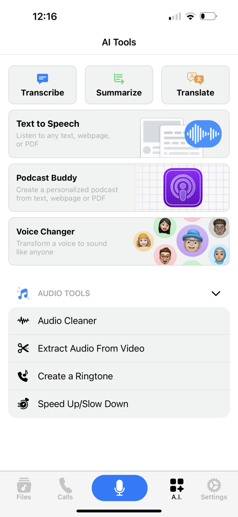 Voice Recorder & Audio Editor - 전사, 요약 및 오디오 편집기 기능과 같은 AI 도구를 보여주는 음성 녹음기 앱 인터페이스.