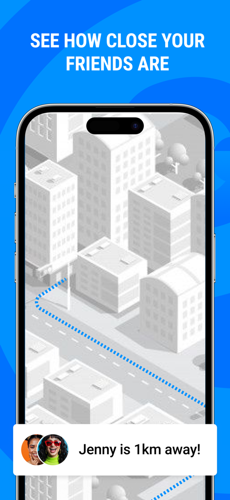 Oberfläche der Me App, die die Nähe eines Freundes auf einer 3D-Stadtkarte mit einer Benachrichtigung anzeigt, dass sich ein Freund in einem Kilometer Entfernung befindet