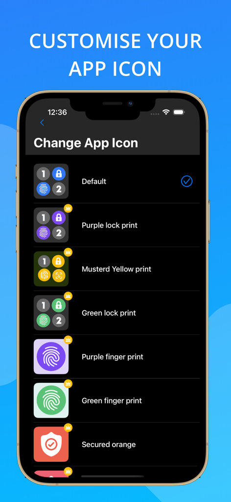 Screen showing various app icon customization options for the Safe Private Vault photo locker app