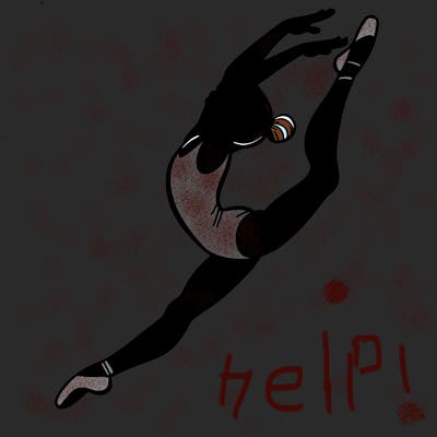 gymnast doing a leap in a leotard with a bent back leg