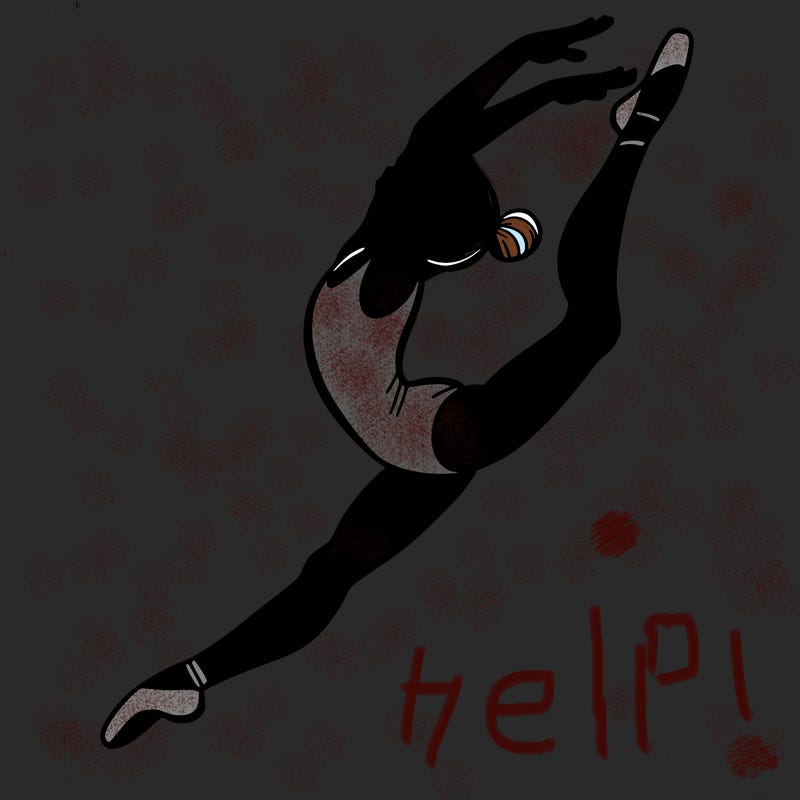 gymnast doing a leap in a leotard with a bent back leg
