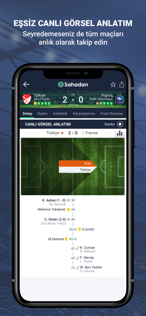 Sahadan Canlı Sonuçlar - Live football match visual narration on Sahadan app showing Turkey versus France score and game events.