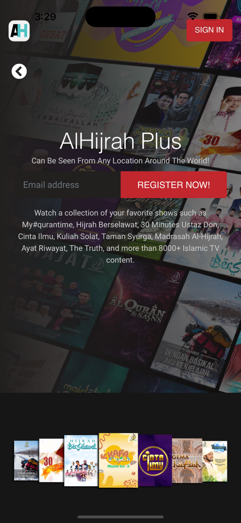 AlHijrah Plus app registration screen featuring Islamic TV content thumbnails and a register now button
