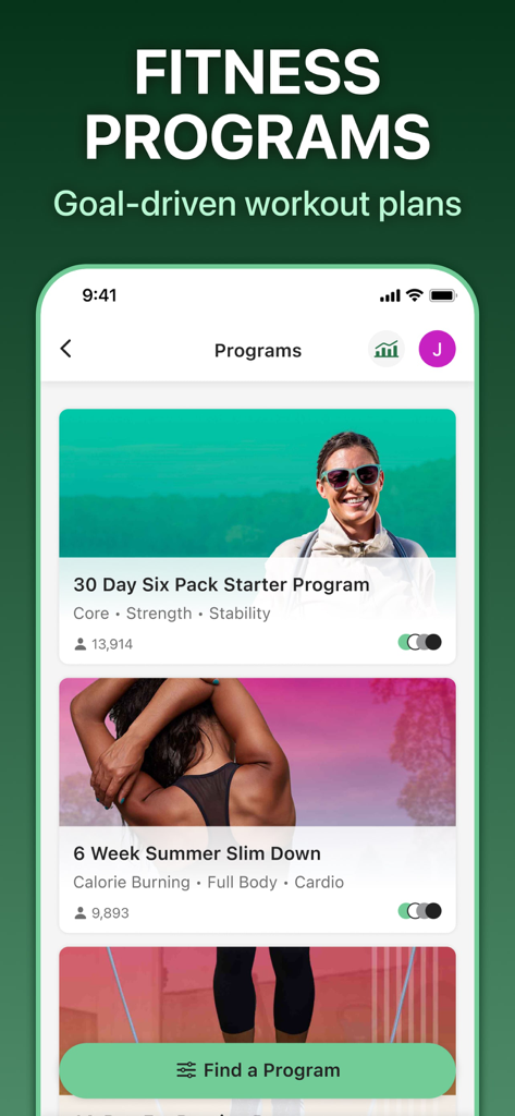 Jump Rope Training | Crossrope - Bildschirm der Crossrope-App, der zielorientierte Trainingsprogramme wie den 30-Tage-Sixpack-Starter und die 6-Wochen-Sommerfigur zeigt.