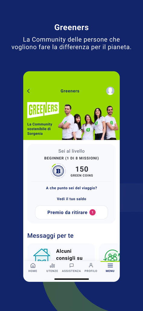 MySorgenia - MySorgenia app interface showing the Greeners community page with user missions green coins and reward status