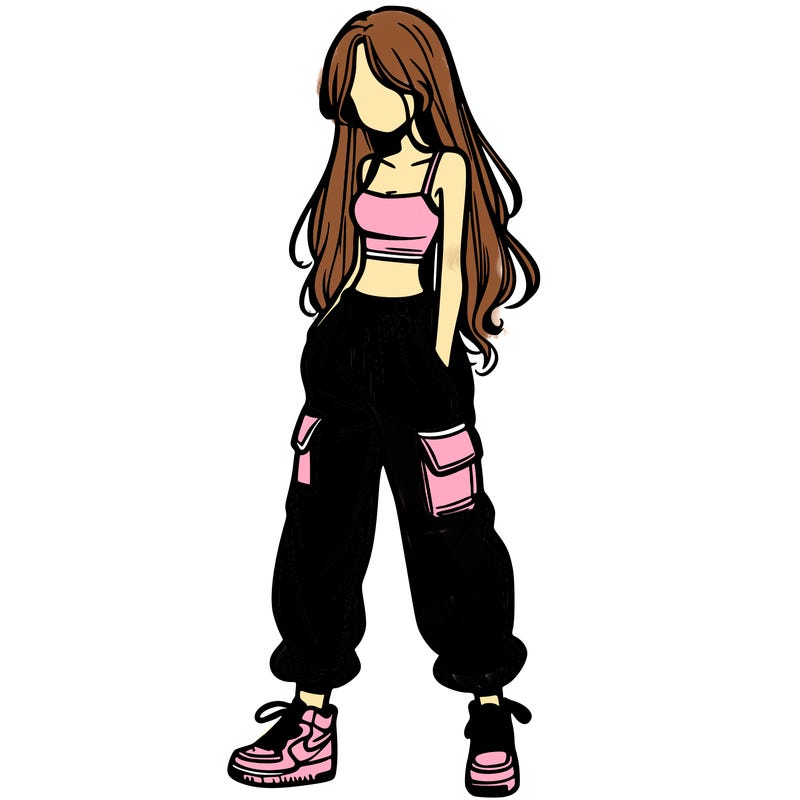 girl in baggy pants crop top and long hair