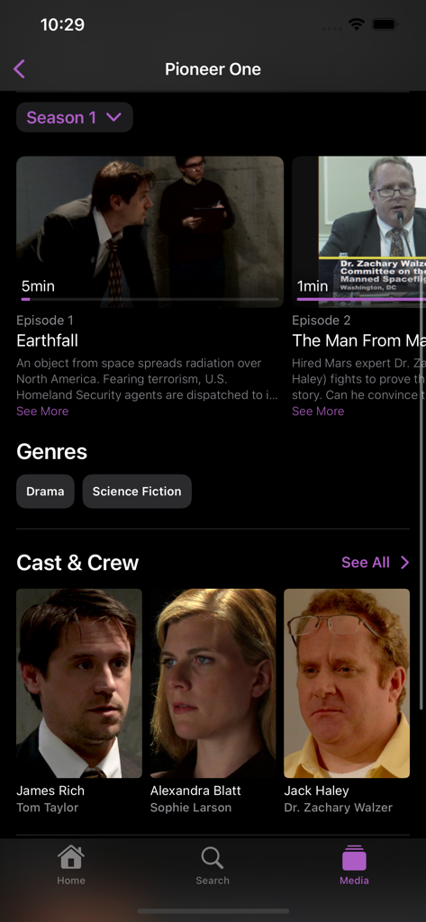 Swiftfin - Swiftfin App Serienseite mit Episoden und Besetzung in einer dunklen Benutzeroberfläche