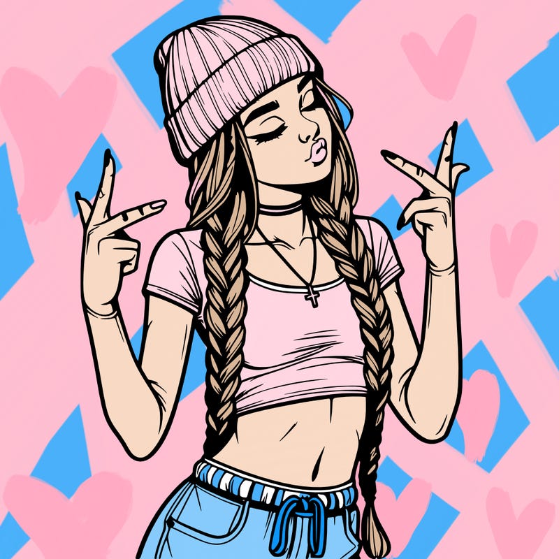realistic teenage girl with braids and a beanie and crop top doing 🫶🏼