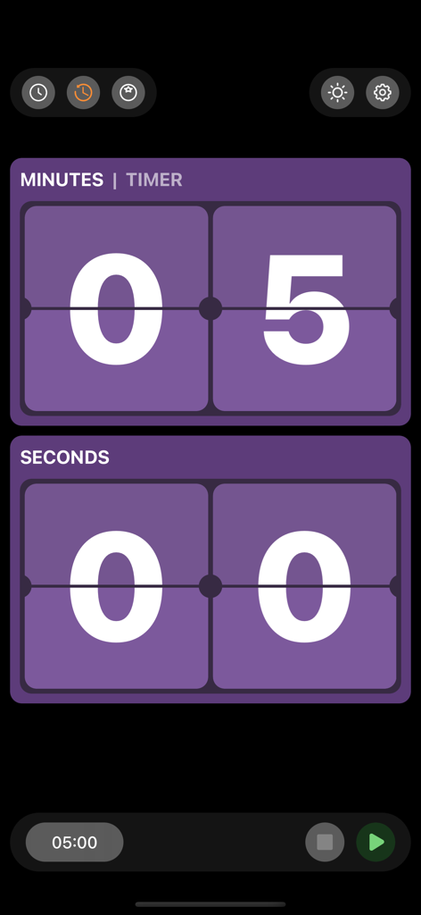 FlipClock: Always On Display - Purple flip clock app interface displaying a five minute countdown timer