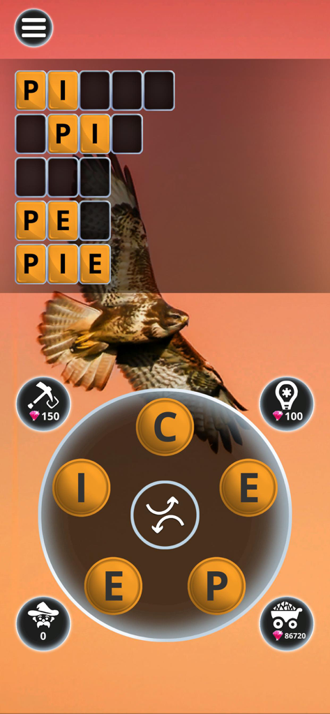 Pantalla de juego de Word Animals mostrando un puzzle de conectar palabras con fondo de halcón y naturaleza.