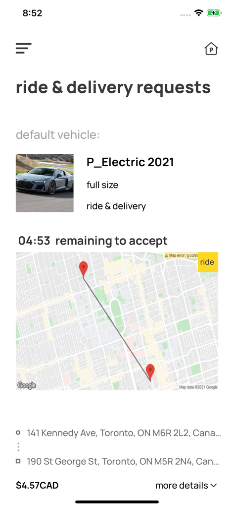 SPARK driver - Interface of the SPARK driver app showing a ride request with a map route and fare in Toronto