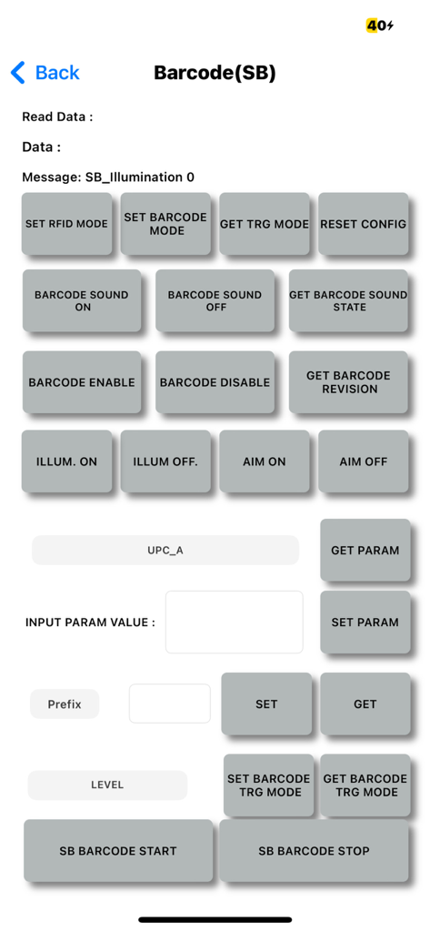 RFR901 APP - Interface développeur pour configurer les paramètres du scanner de codes-barres et tester la fonctionnalité de numérisation dans l'application RFR901.