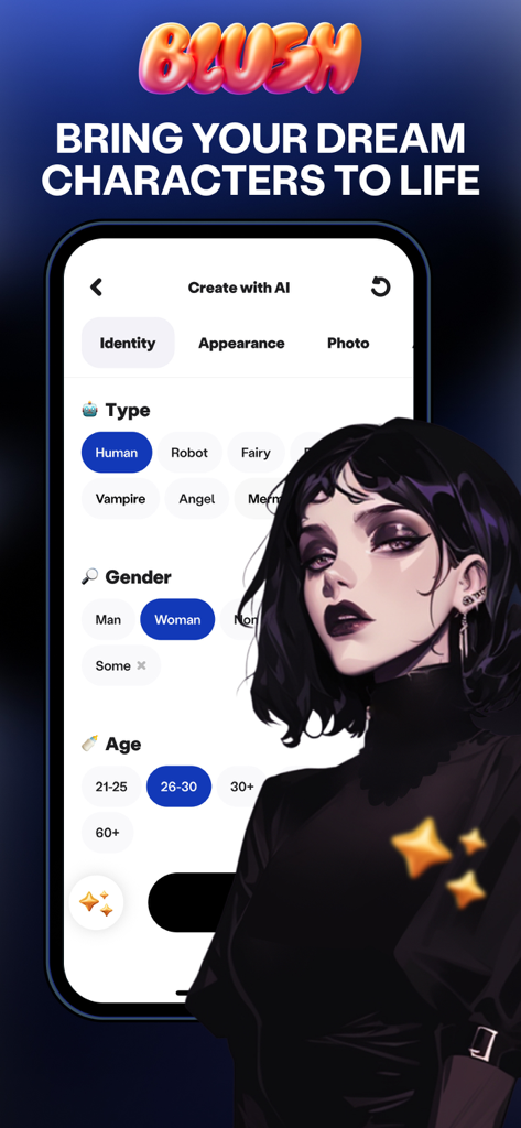 Blush: AI Dating Simulator - A screenshot of the Blush AI Dating Simulator app showing the character creation interface with options to customize identity and appearance.