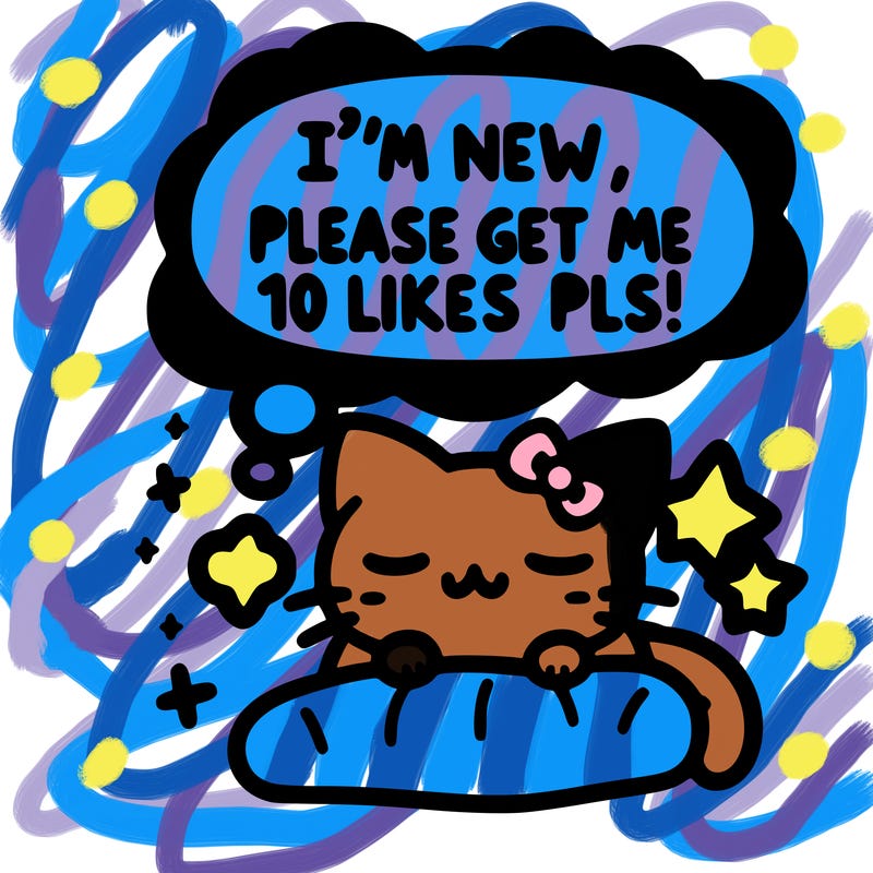 kitty taking a nap dream talking and saying "i'm new, please get me at least 10 likes pls!!"