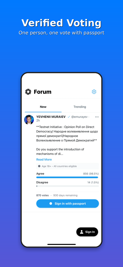 Forum Online - Interface do aplicativo Fórum Online mostrando uma enquete comunitária verificada com resultados de votação em tempo real e opção de verificação de passaporte.
