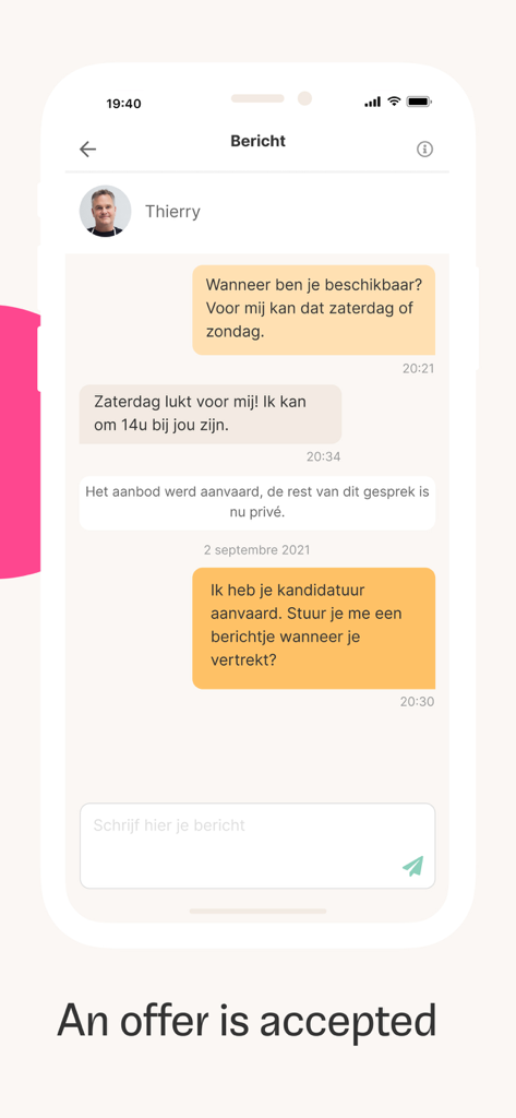 Ring Twice - Ring Twice app interface showing a private chat between a user and a service provider after an offer acceptance.